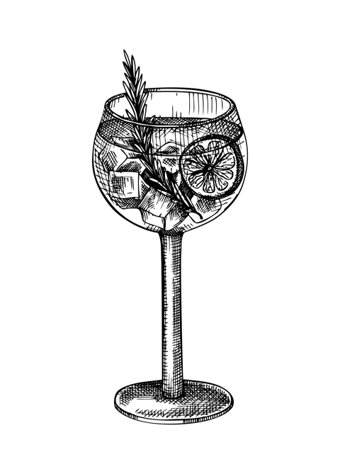 Hand-sketched Gin and tonic cocktail illustration. Vector sketch of alcoholic drink in elegant glass. Highball cocktail hand-drawing isolated on white background